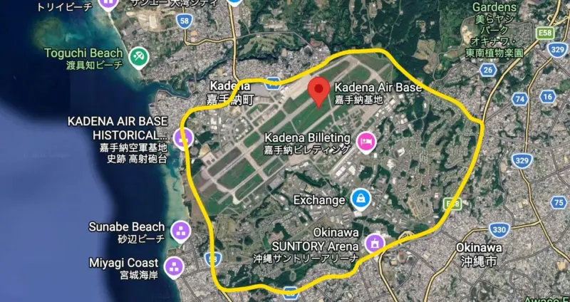A satellite screenshot of the U.S.&rsquo;s Kadena Air Force Base, with the rough estimate of the base territory outlined in yellow. Fair use.